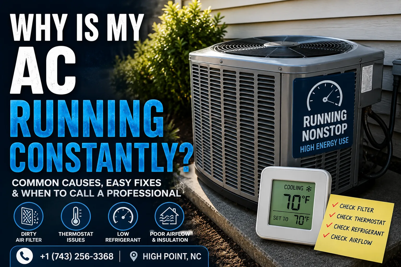 Residential AC unit running constantly during hot summer weather due to airflow and cooling issues