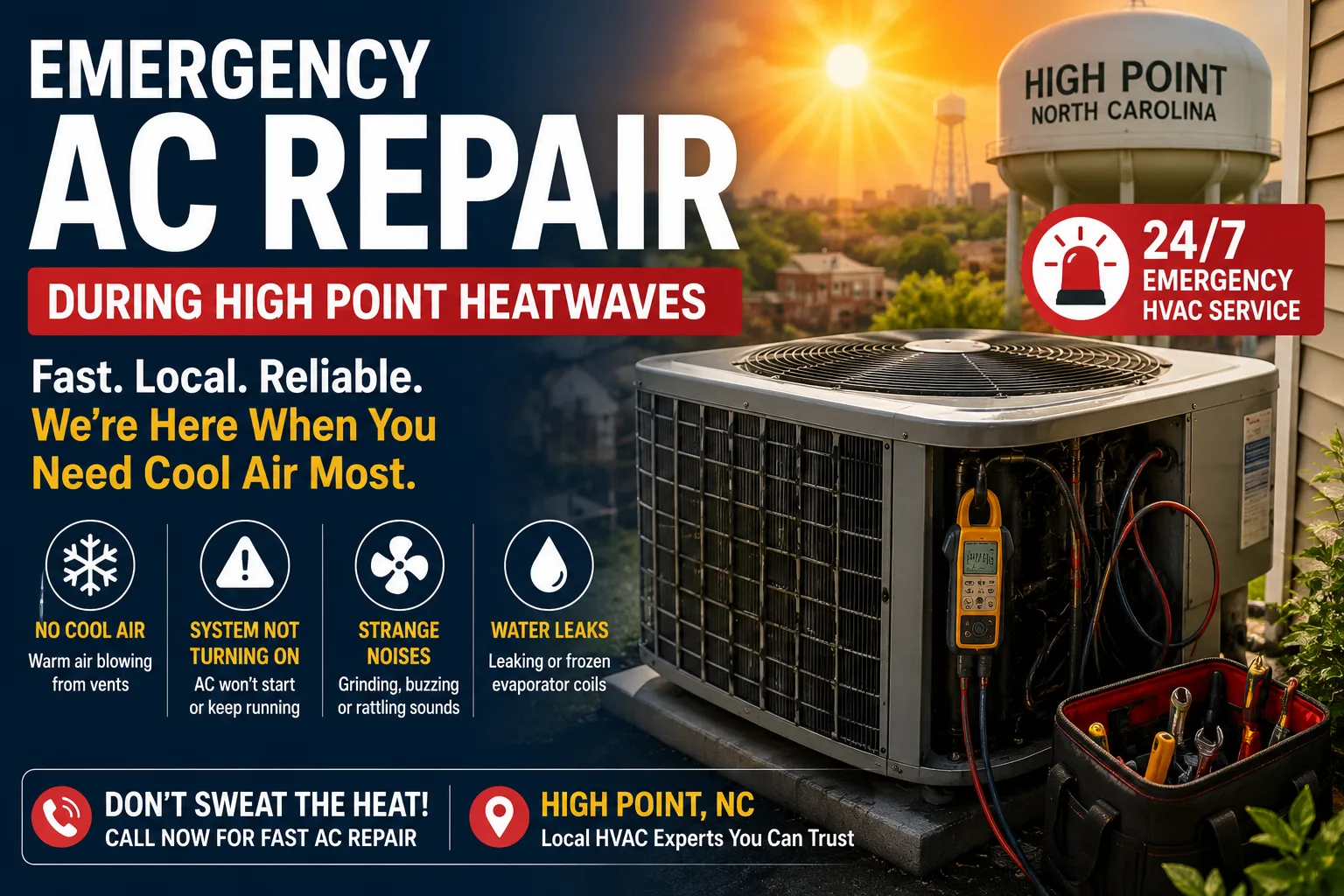 Outdoor AC condenser unit during extreme summer heatwave in High Point North Carolina