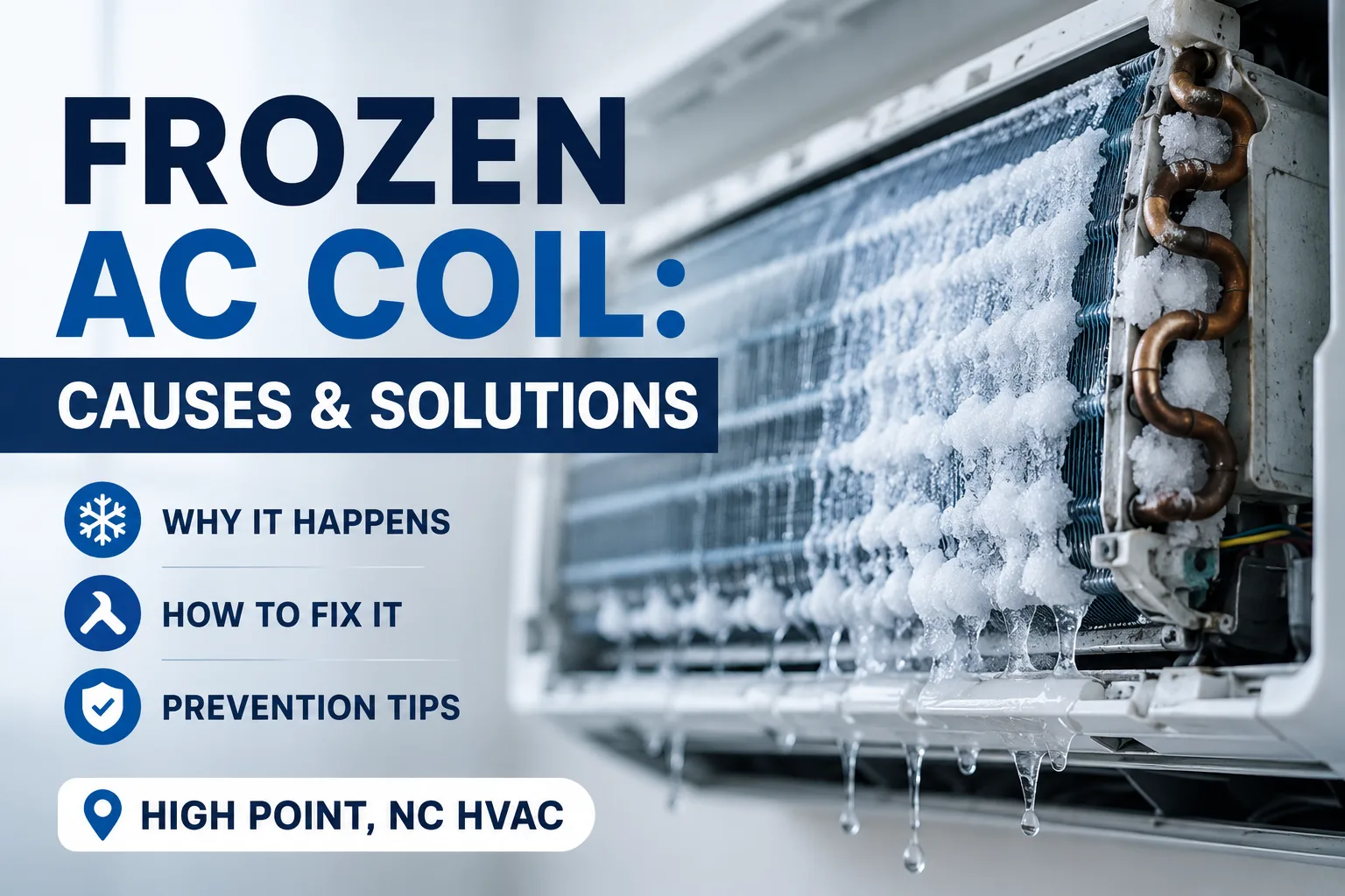 Frozen evaporator coil covered in ice inside residential air conditioning system in High Point NC