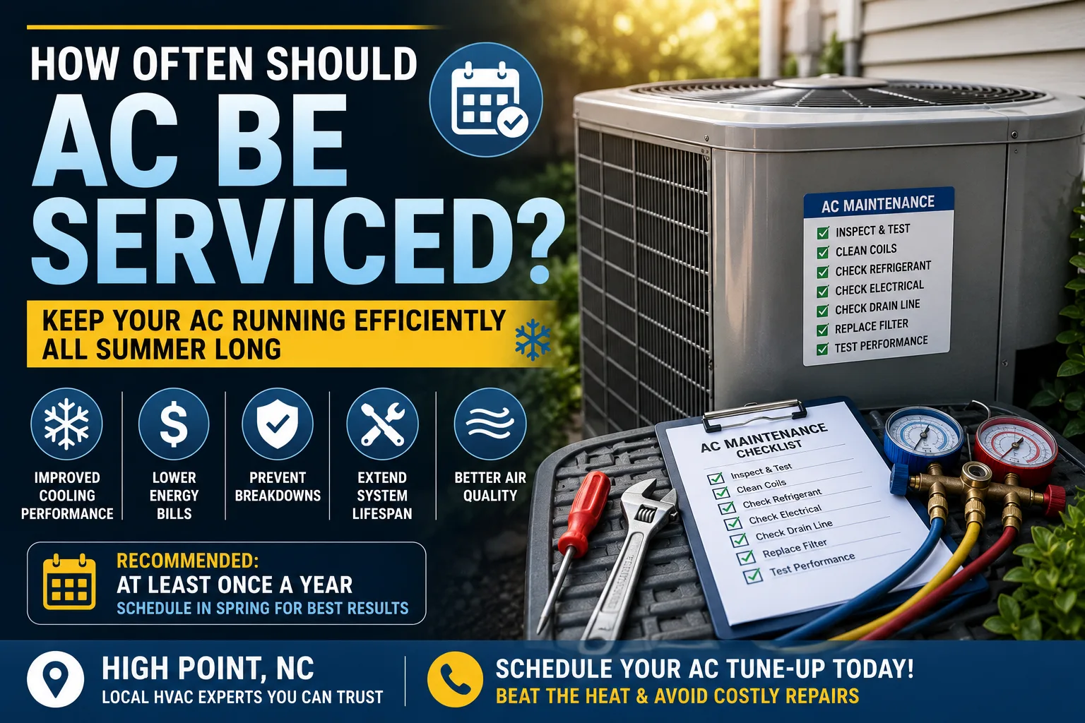 Residential AC maintenance checklist and outdoor air conditioning unit in High Point NC