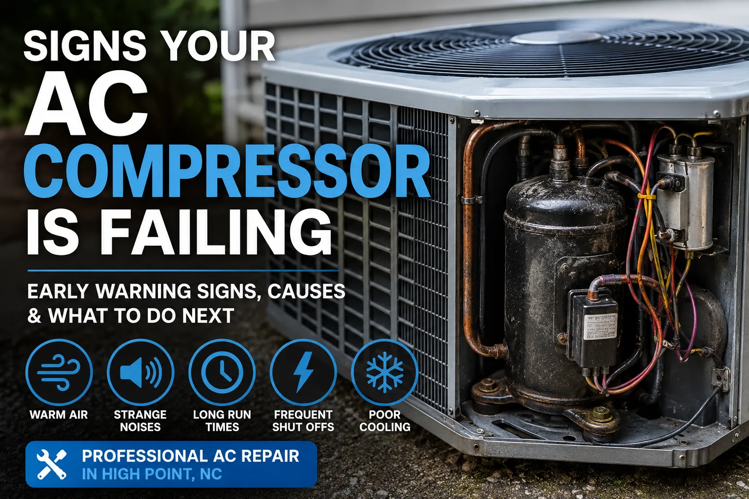 Outdoor AC condenser unit with exposed compressor components showing common compressor failure issues in High Point NC