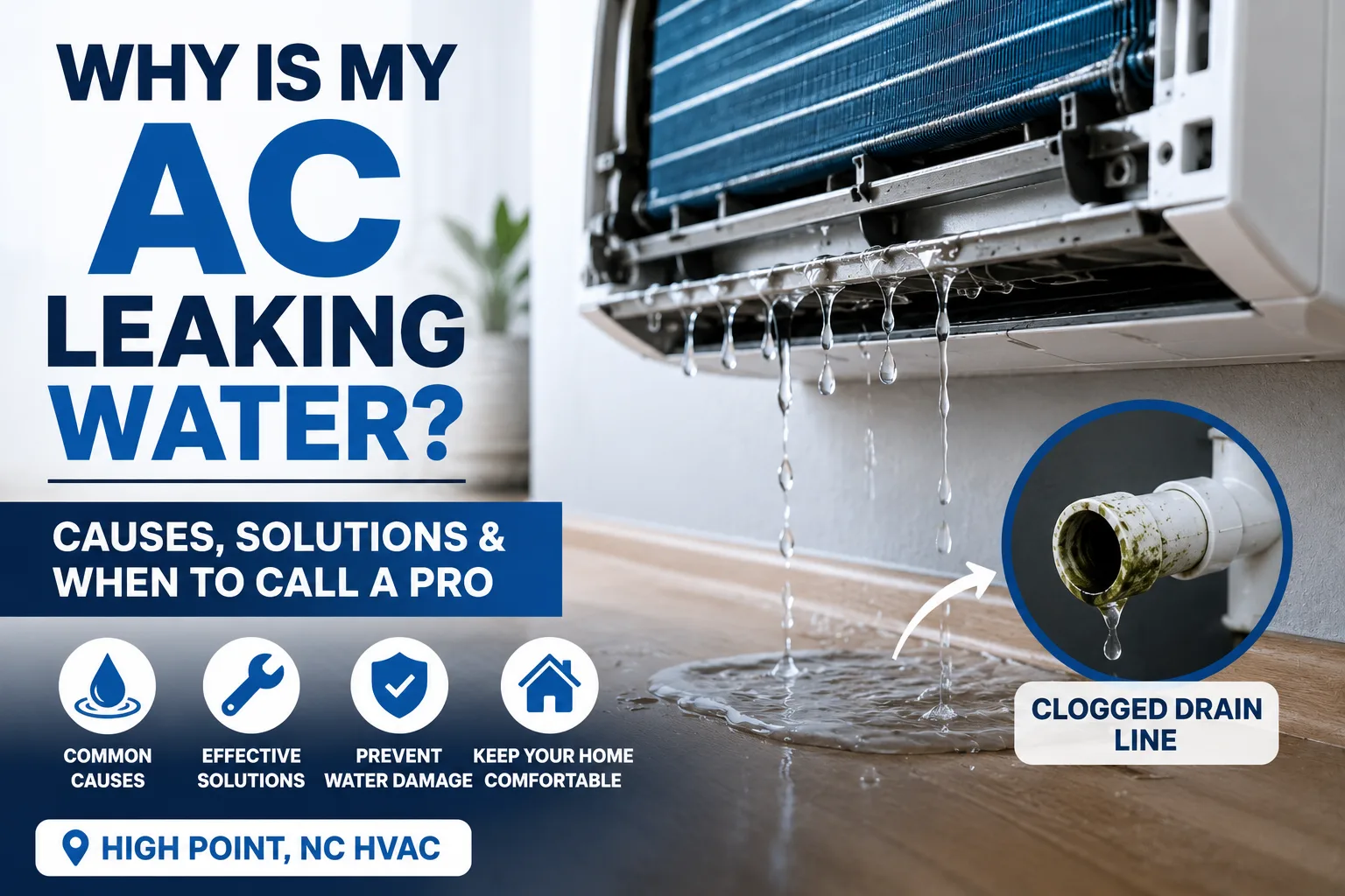 Indoor air conditioner leaking water onto floor inside residential home in High Point NC