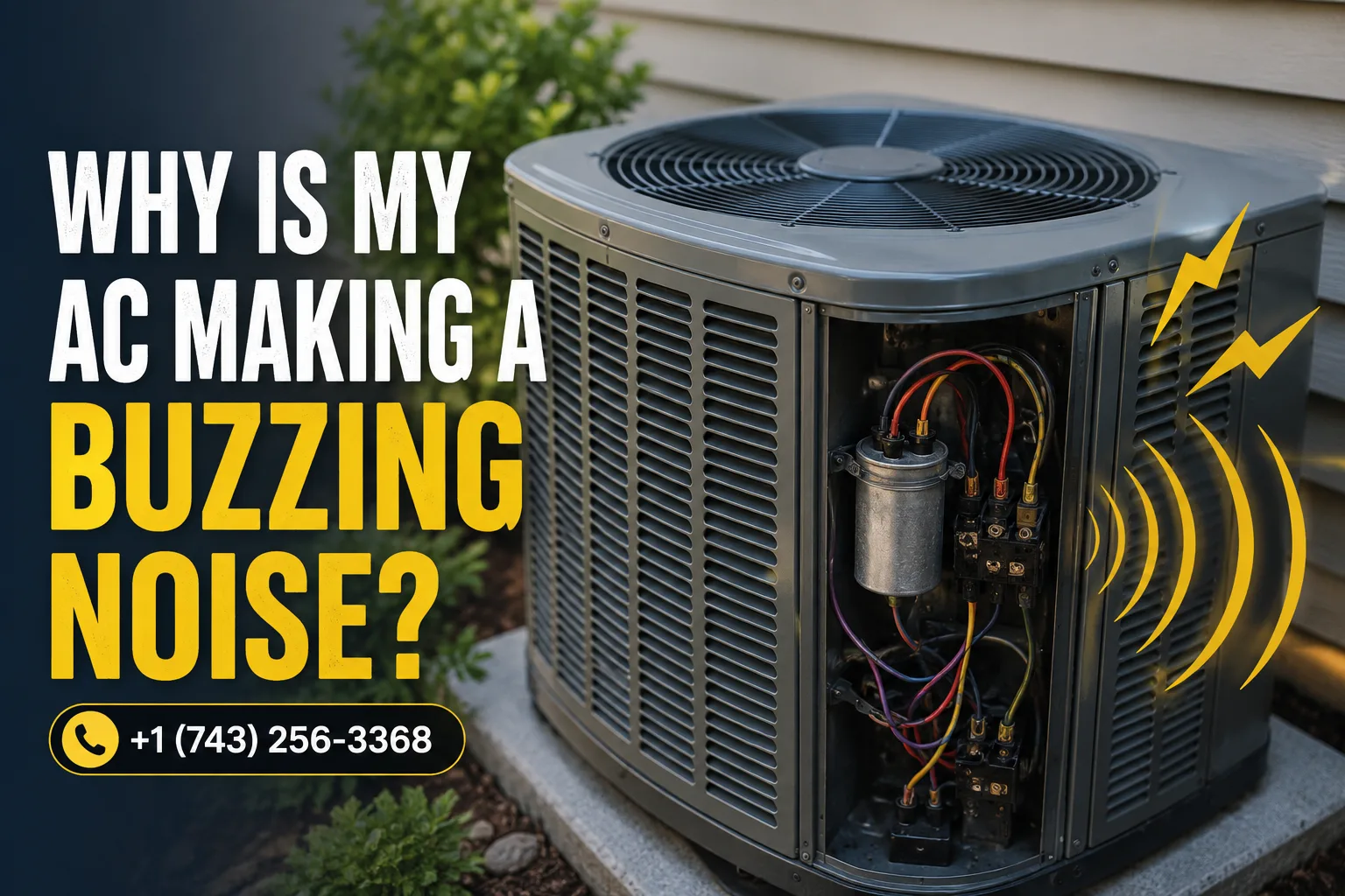 Outdoor AC unit making buzzing noise with exposed capacitor electrical components and HVAC warning signs